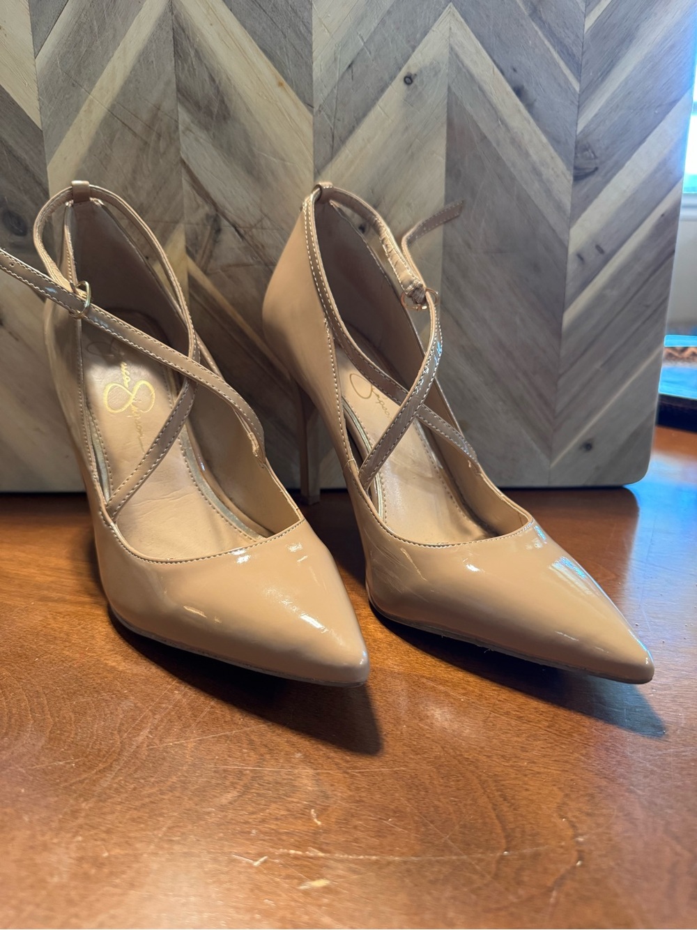 Jessica Simpson Nude Patent Pointed Toe Crisscross Heels